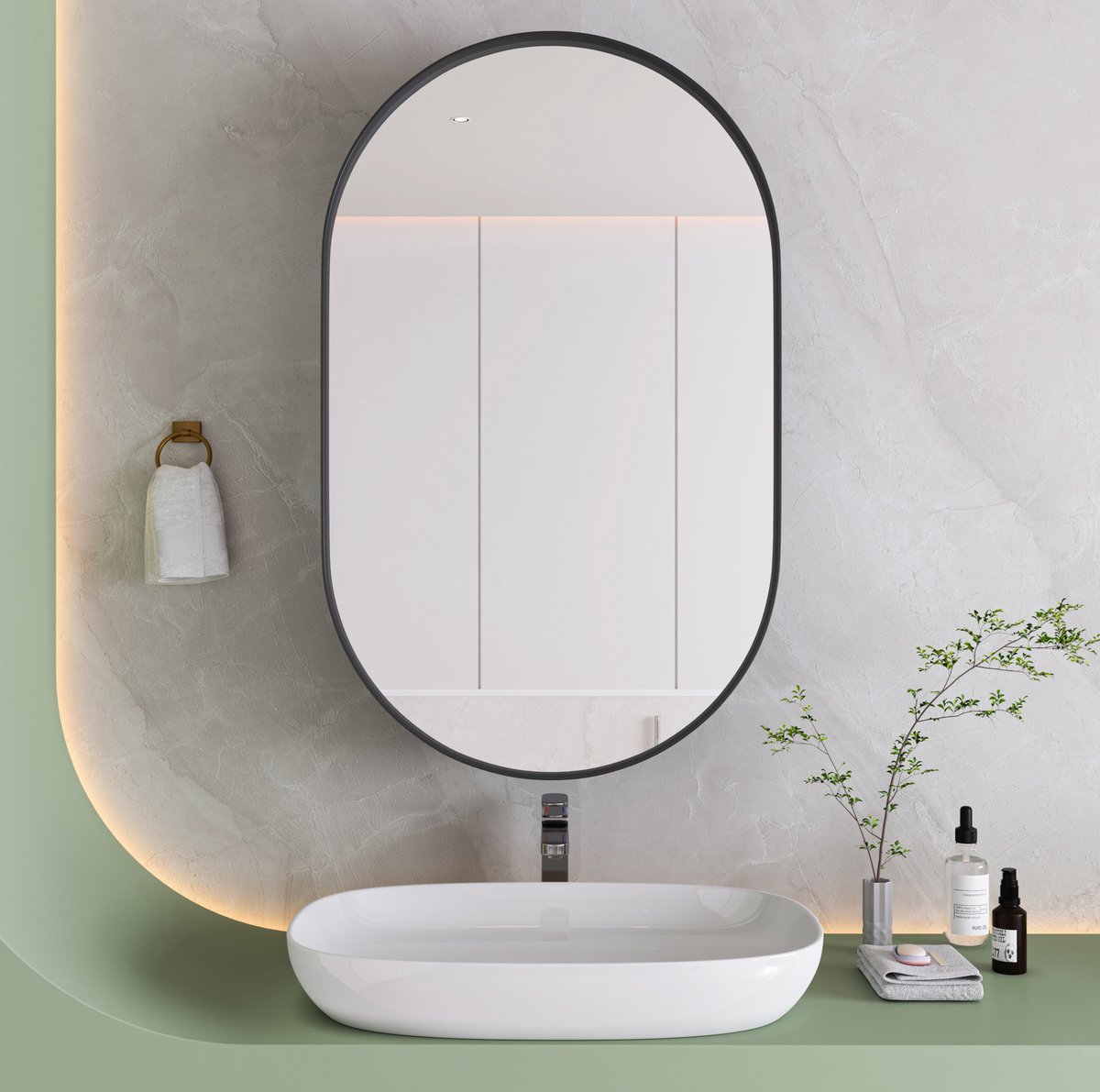 HAUSS SPOLE Spiegelkast - Ovale Wandkast Met Spiegel En Verstelbare Planken - Voor Badkamer En Kleedruimte - Metaal - 85x51,5x12 Cm - Zwart