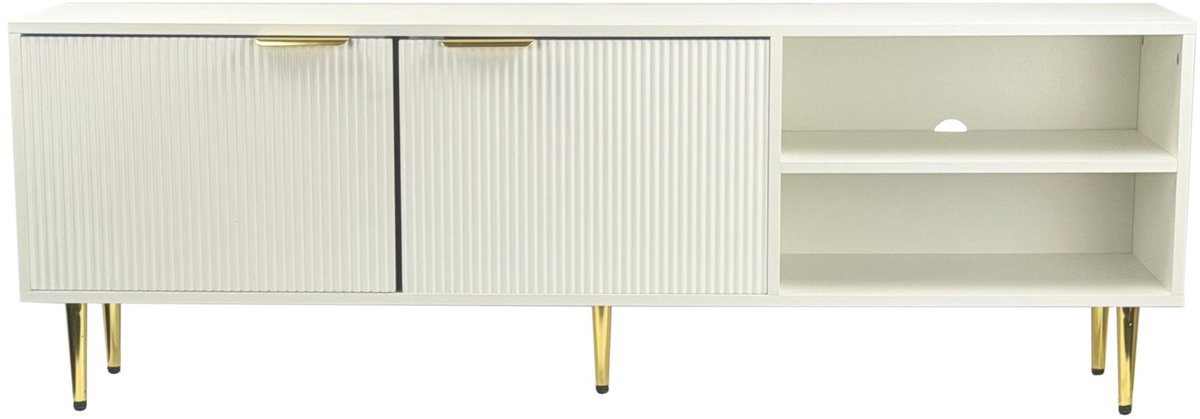 Ervesto Lowboard Tv Meubel 150 Cm - Tv Dressoir En Opbergkast - Wit Met Zwart En Goud - Tv Meubel Voor Televisies Tot 70 Inch - Gefoliede Spaanplaat Met Metalen Onderstel