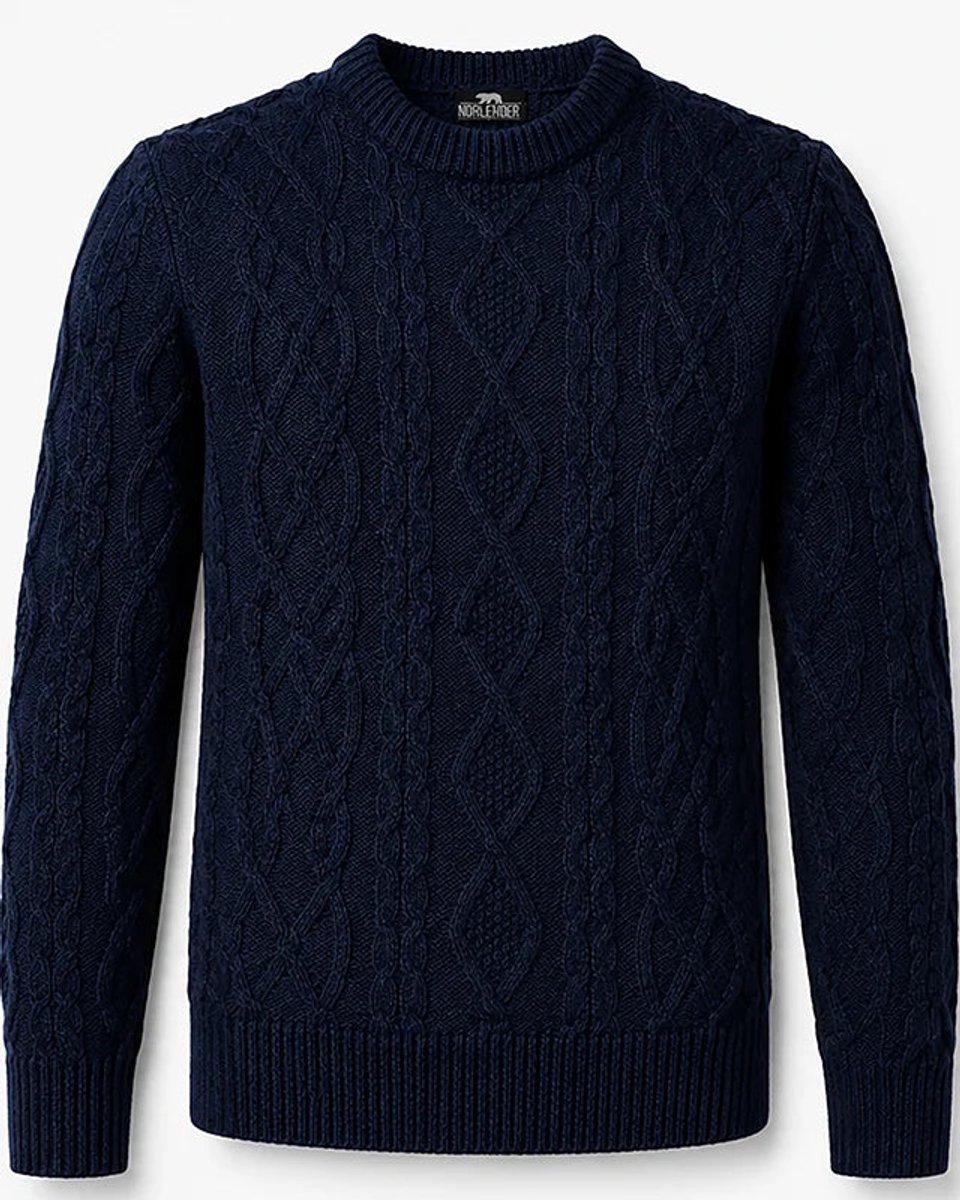 Noorse kabel trui - grof gebreid - 100% scheerwol - donkerblauw