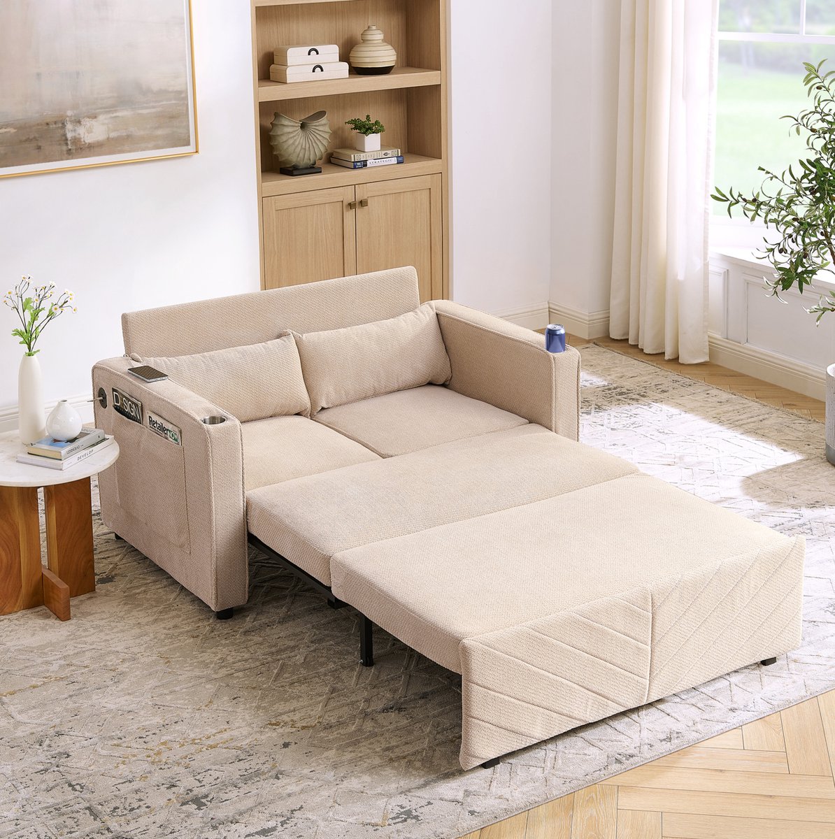 FloraGrace Slaapbank 134 x 195 cm - 2-Zits 3-In-1 Uitschuifbaar Met USB-Oplaadpoorten - Voor Woonkamer Of Logeerkamer - Hout En Stof - Beige