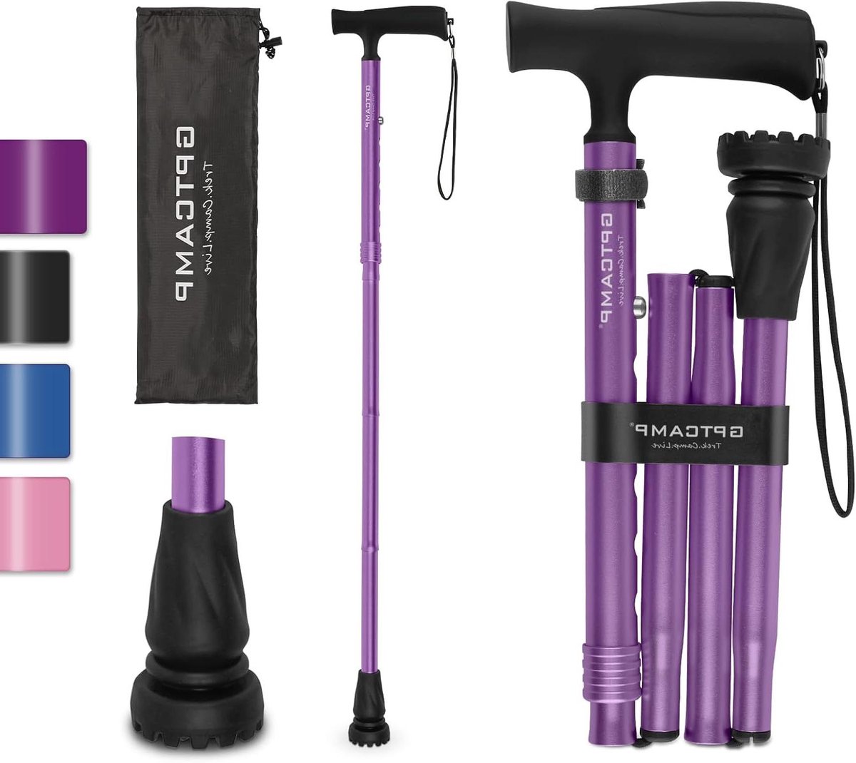 Opvouwbare Wandelstok - Inklapbare Steunstok - Veilig Lopen - Ergonomische T-Handgreep - Verstelbaar 81-94cm - Paars