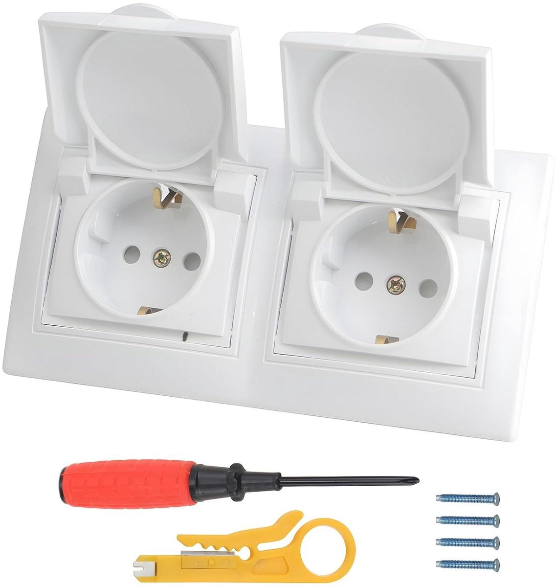 Stopcontact Inbouw - Dubbel Geaard - Vochtige Ruimtes - Met Klapdeksel - 16A 250V - Wit