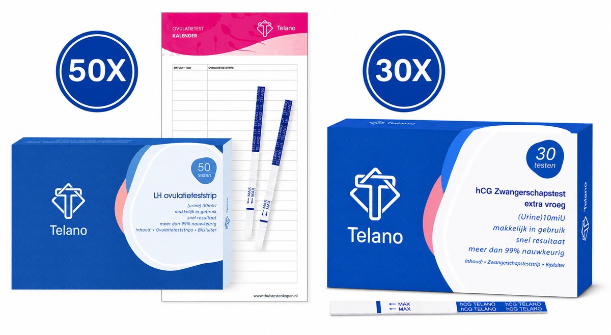 Telano 50x Ovulatietest + 30x Zwangerschapstest Extra Vroeg Set - Ovulatiekalender - Strip - Dipstick