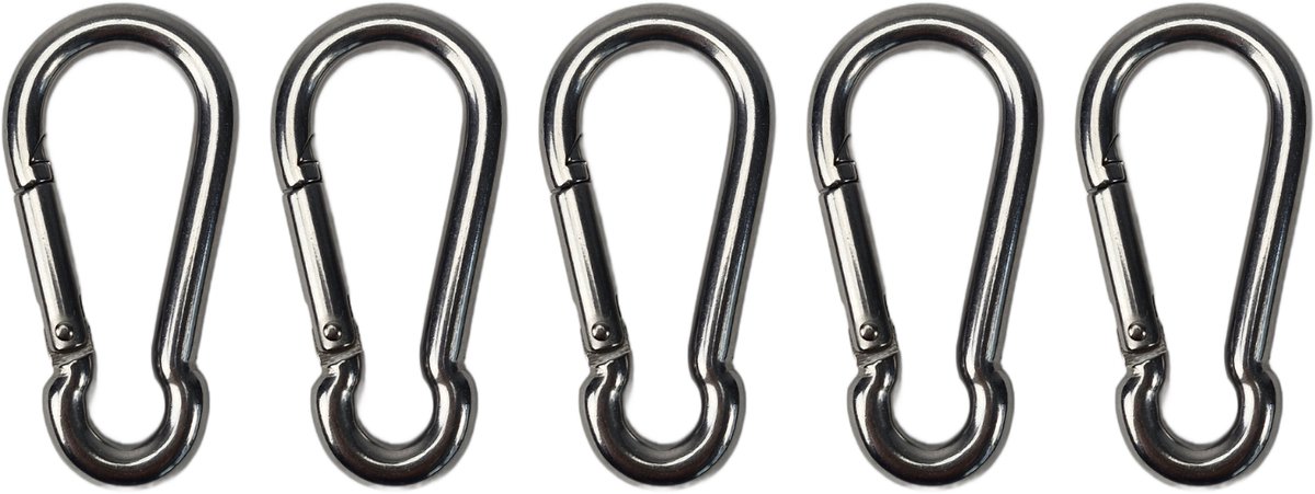 BCF-Products - Karabijnhaak - 6x60mm - 5 stuks - RVS 316 - Musketonhaak - Carabiner - Klein