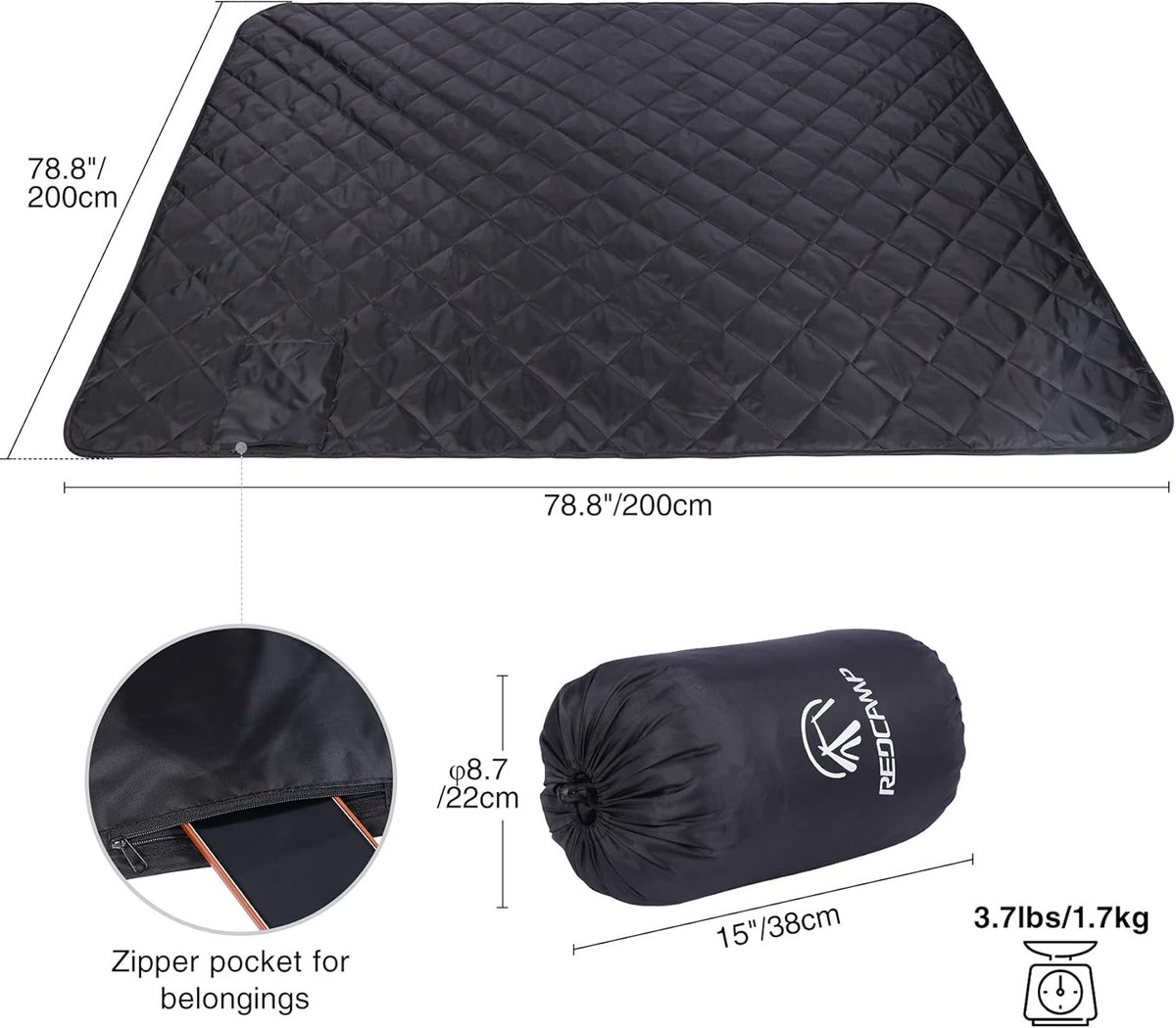 Thijox - Warme Waterdichte Deken met Sherpa-Voorzijde, Winddicht voor Koud Weer, Ideaal voor Camping, Stadion, Outdoor, 200 x 200 cm, Zwart