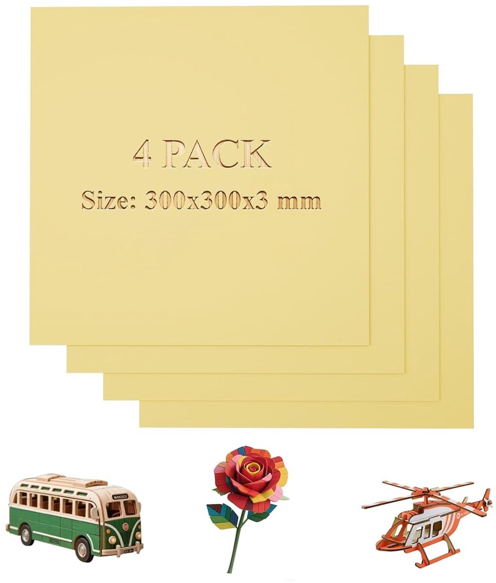Kleurige Plywood Platen 3mm, Set van 4, 300 x 300 mm, Voor Lasergraveren, Modelbouw en DIY Creaties
