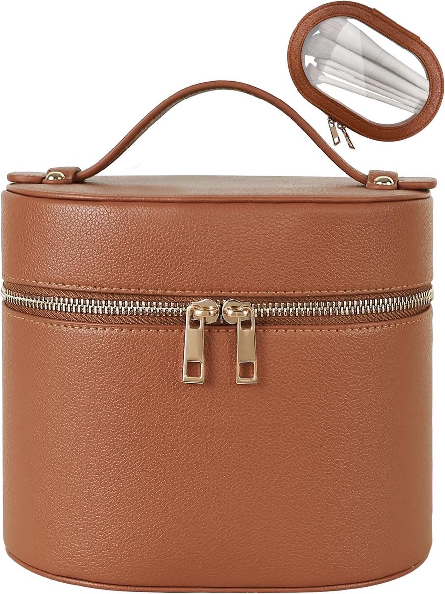 SnelShoppen - Makeup Tas Vrouwen 2 Stuks - Reizen Cosmetica Tas Hard Leer - Bruin - Met Verdelers en Afneembare Borsteltas - Ideaal voor Toilettas en