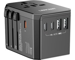 Thijox - LENCENT 70W Reisadapter Wereldwijd, GaN3 Snellader Universele Reisstekker met 3 PD3.0 USB C+2 QC USB, Internationale Stekker voor Telefoon La