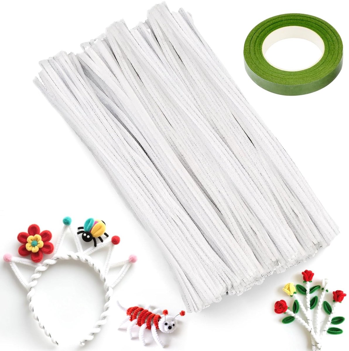 Set van 200 Witte Pijpenragers van 30 cm, Chenille Garens voor Creatieve Knutselprojecten en Decoraties