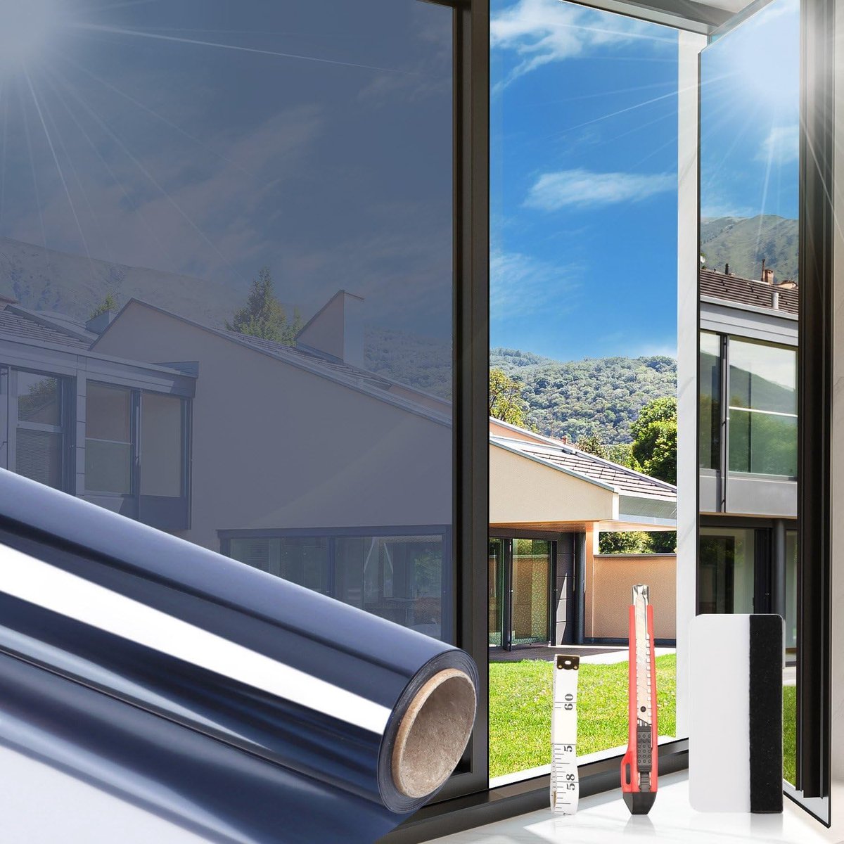 Thijox - Raamfolie Privacy UV Blokkeren Spiegelfilm 60cmx254cm Warmte Controle Blauw Zilver Niet Zelfklevend Statische Cling voor Thuis en Kantoor