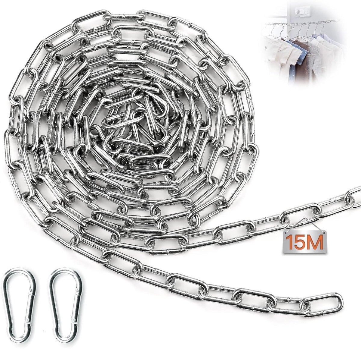 Robuste 15 meter lange 3mm RVS ketting met verzinkte schakels voor garagedeuren en beveiliging