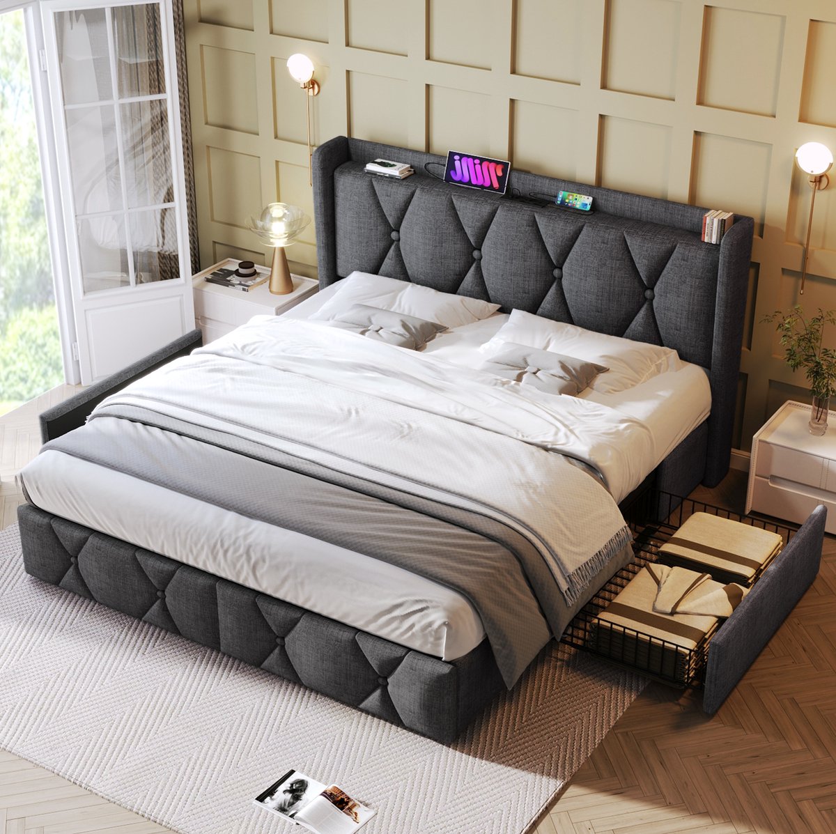 FloraGrace Gestoffeerd Bed 160x200 cm - USB Oplaadpunt en Stopcontact in Hoofdbord - 4 Lades - Tweepersoons - Stof - Grijs - Zonder Matras