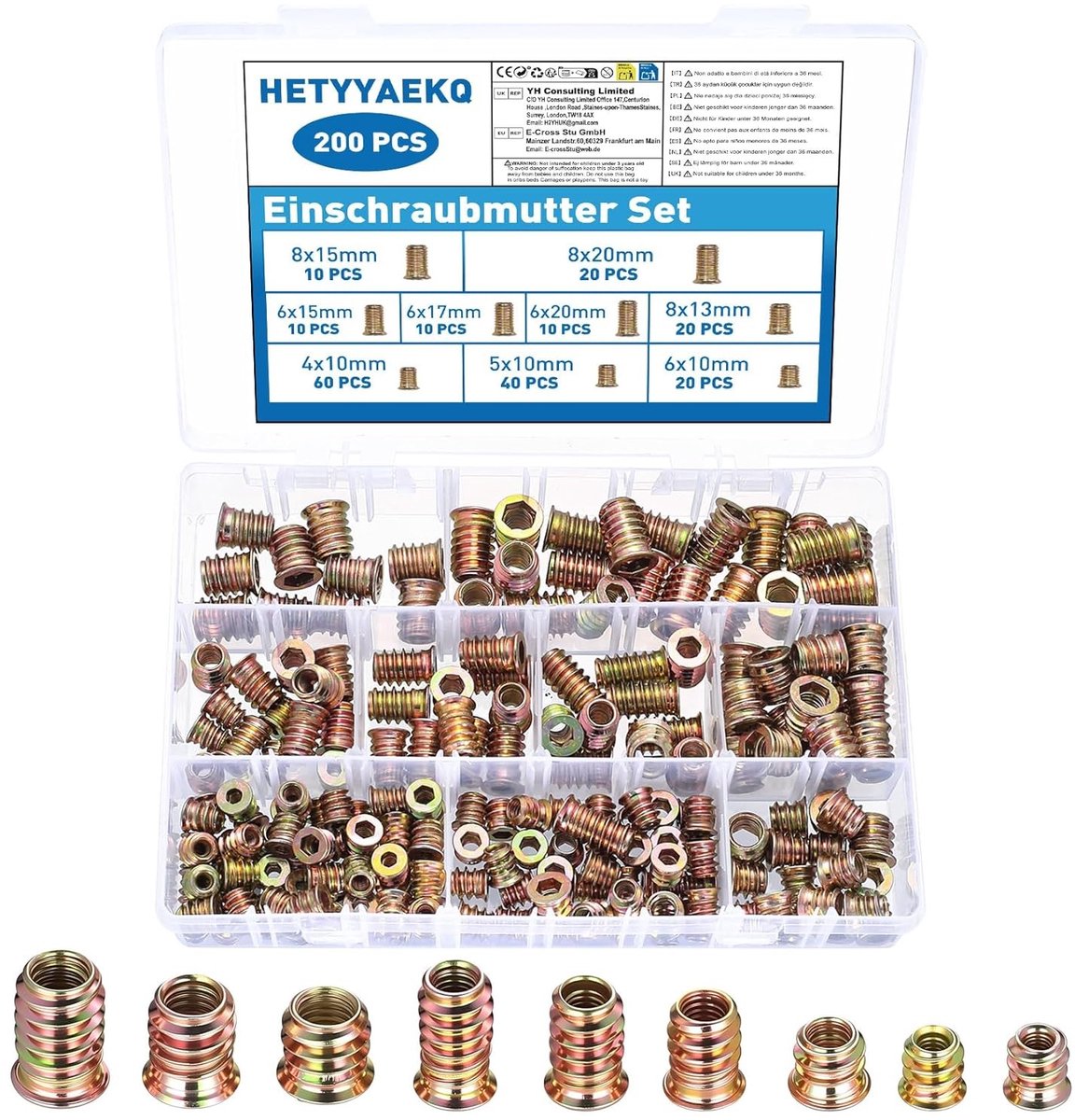 200 Stuks Schroefbussen Assortiment M4 M5 M6 M8 voor Hout, Draadbussen en Moeren voor Meubels