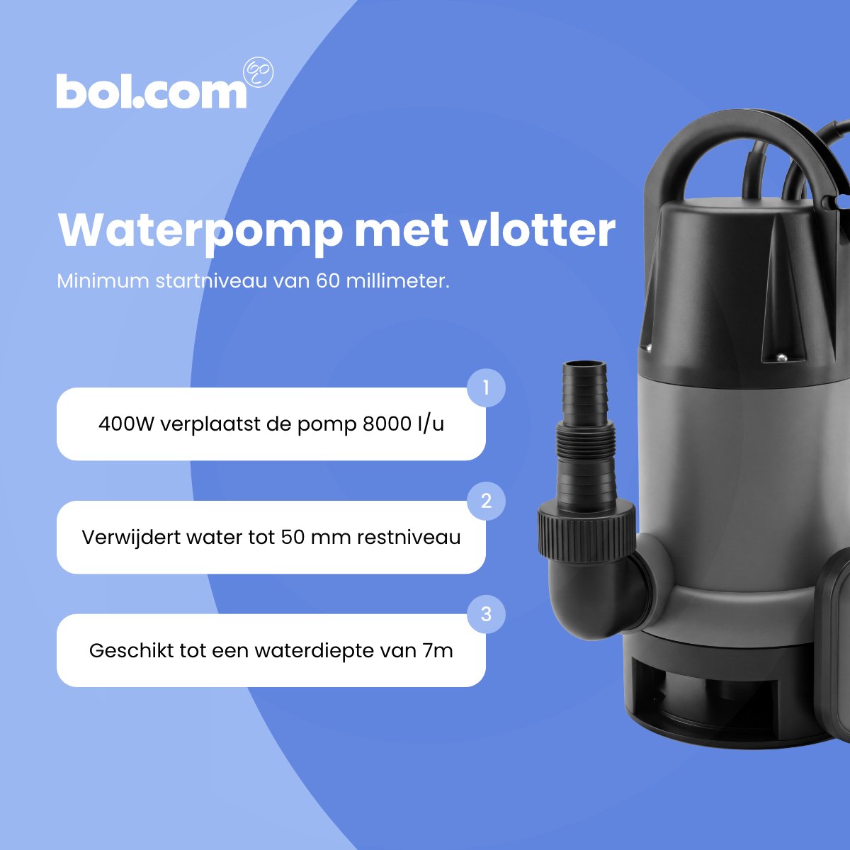123® Vuilwater Dompelpomp 8000 l/u – Automatische Vlotterschakelaar – Inclusief 8 m Flexibele Tuinslang 1” (25 mm) Anti-Knik – Waterpomp voor Kelder, Bouwput en Vijver – foto 2