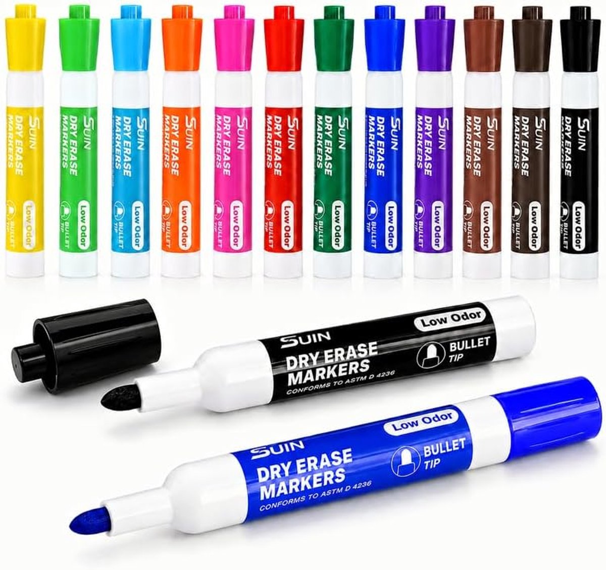 Thijox - 12 Whiteboardpennen in Diverse Kleuren, Droog Uitwisbare Markers met Medium Kogelpunt, Geurarme Inkt voor Kantoor, School en Creatieve Sessie