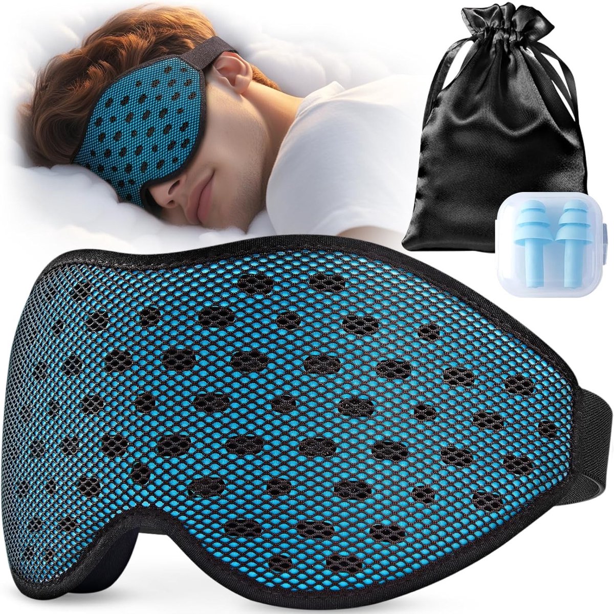 Ademend 3D Slaapmasker voor Zijdeladers, Comfortabele en Lichtgewicht Oogmasker met Opbergtas en Oordopjes voor Vliegen, Reizen en Kantoor, Blauw