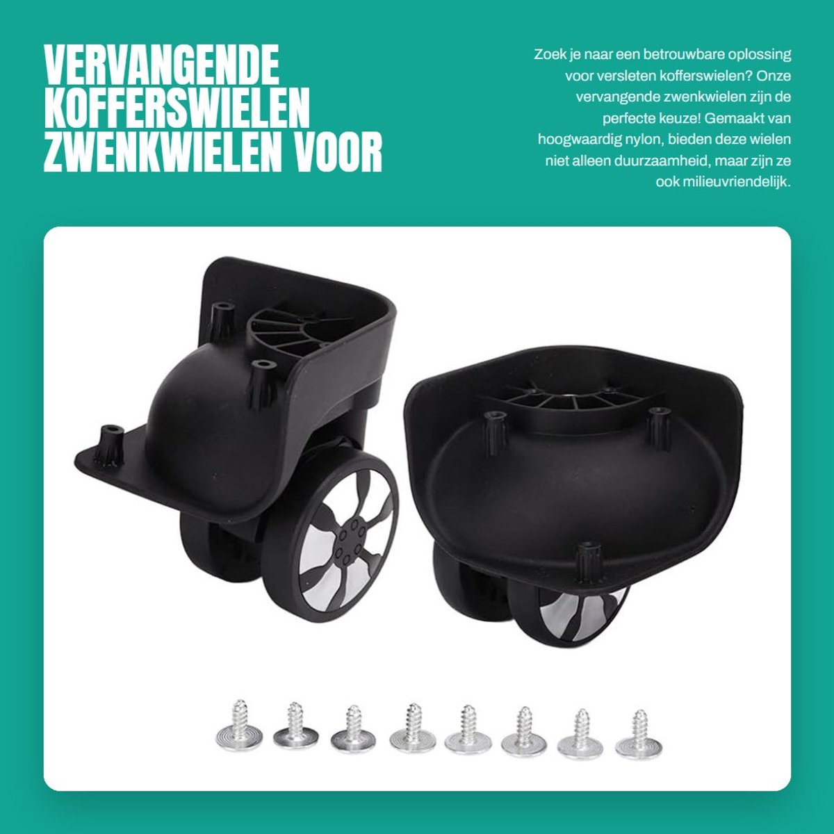 Inovra- Kofferwielen Vervangset - Hoogwaardige Nylon - 360 Graden Rotatie - Geschikt voor Trolleykoffers - Eenvoudige Installatie - Duurzaam en Geluidsarm - Bagagewielen