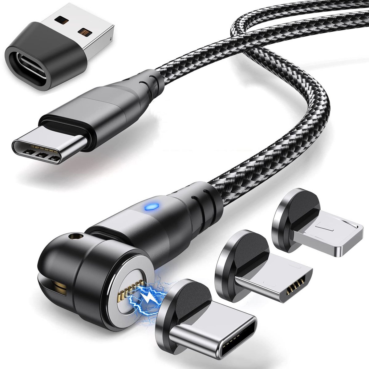 Thijox - Magnetische USB C-kabel 2m, Krsende 6-in-1 Snel Opladen 3A, USB A/USB C naar Type C, 360° en 180° Draaibaar, Geschikt voor Android/Micro USB/