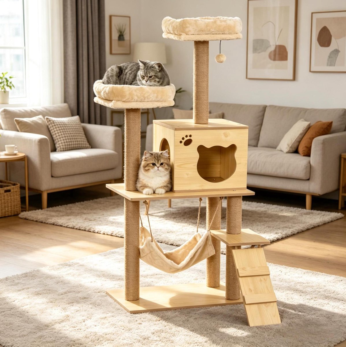 HAUSS SPOLE Krabpaal - Multiniveau Activiteitencentrum - 60 x 40 x 130 cm - Pluche Sisal Hout - Beige Bruin - Met Huisje Hangmat en Speelbal
