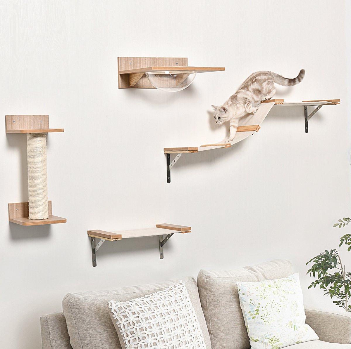 HAUSS SPOLE Krabmeubel – Wandmontage Klimmuur – 100 x 25,5 x 46 cm – Sisal Hout Metaal – Lichtbruin – Voor Krabben Klimmen en Rusten
