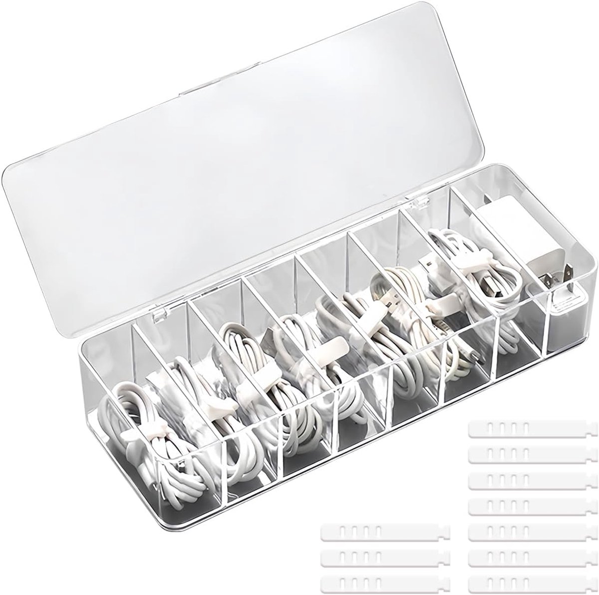 Thijox - Kabelopbergdoos Transparant met 8 Vakken en 10 Kabelbinders - Kabelmanagement Box voor Bureaublad, Organizer voor Opladers en Netsnoeren