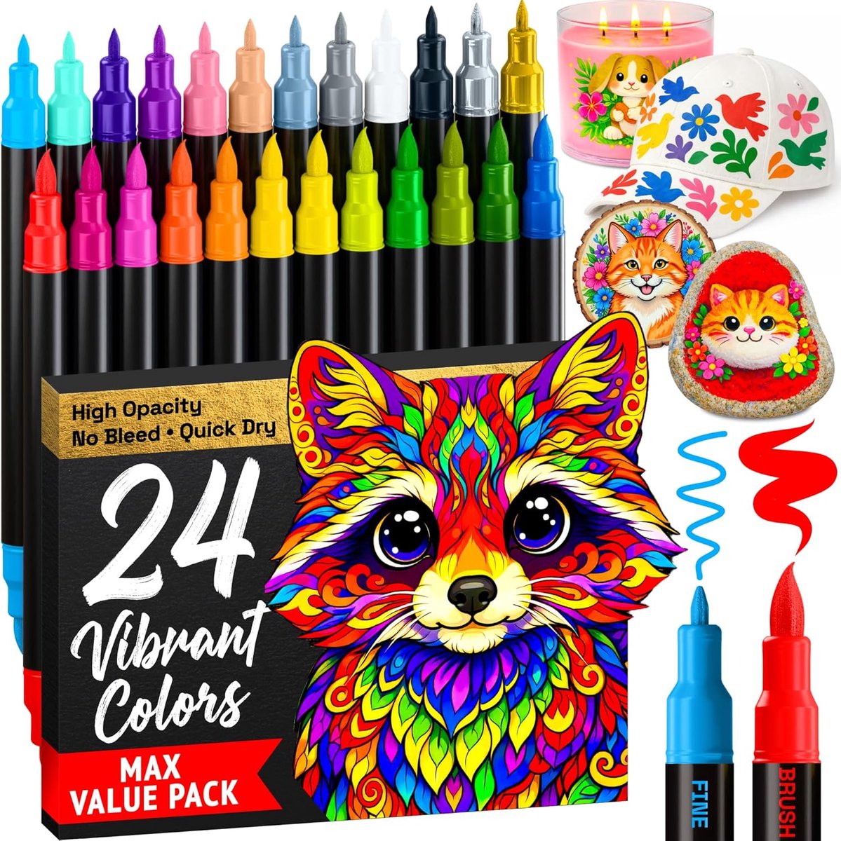 Thijox - 24 Acrylic Paint Markers - Verf Pennen voor Tekenen, Borstel + Fijne Tips - Voor Textiel, Steen, Glas, Hout, DIY - Kunst & Handwerk Benodigdh