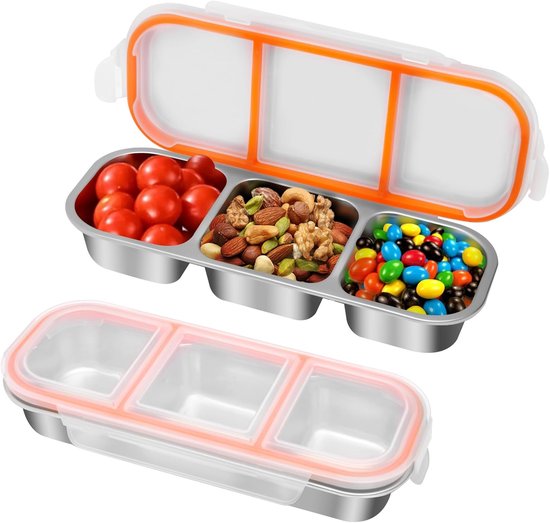 Thijox - 2 Stuks Lekvrije Snackbox 600 ml met 3 Vakken - Roestvrijstalen Broodtrommel voor Kinderen en Kantoor - Ideaal voor Verse Snacks en Salades