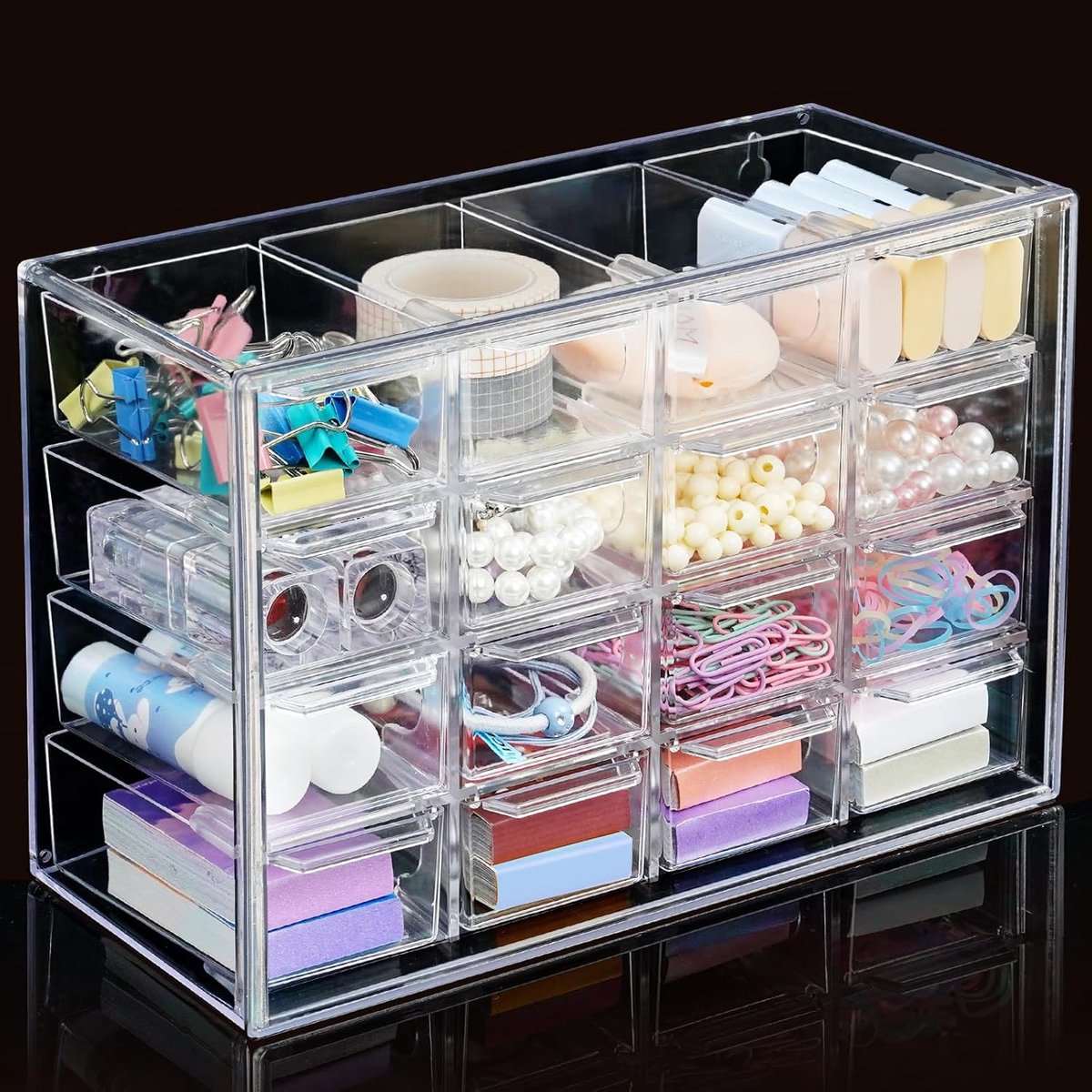 Thijox - Bureau-opbergorganizer met 16 mini-laden, doorzichtige desktop knutselopberger, stapelbare opbergdoos voor make-up, sieraden, kantoorbenodigd