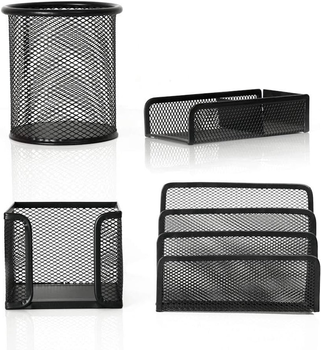 Thijox - 4 Delige Complete Bureau Organizer Set - Mesh Bureau Organizer - Pennenbakje Metaal/Gaas - Brievenbak en Memobox - Paperclip Houder - Zwart v