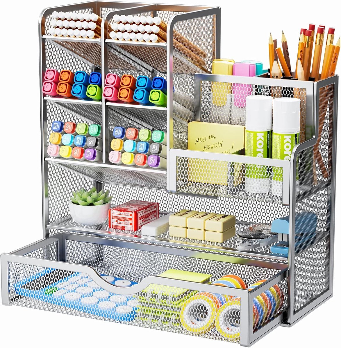 Thijox - Mesh Bureau Organizer - Multifunctionele Penhouder - Desktopopslag en Lade - Silver - Ideaal voor Thuiswerk en Kantoor - Ruimtebesparend en S