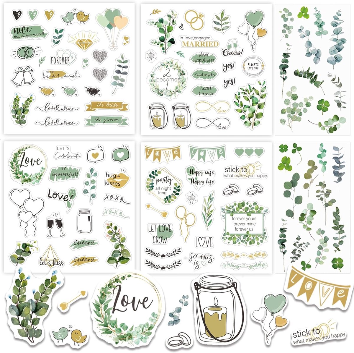 SnelShoppen - Stickers voor gastenboek, vintage stijl, eucalyptus, waterverf, handlettering, 6 pagina's, bruidsboekje, trouwfeest, decoratie