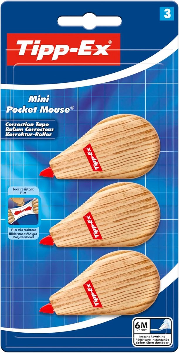 Thijox - Tipp-Ex Correctietape Mini Pocket Mouse, 6 m x 5 mm, 3 stuks in houtkleuren, ideaal voor school, kantoor, knutselen, en dagelijks gebruik