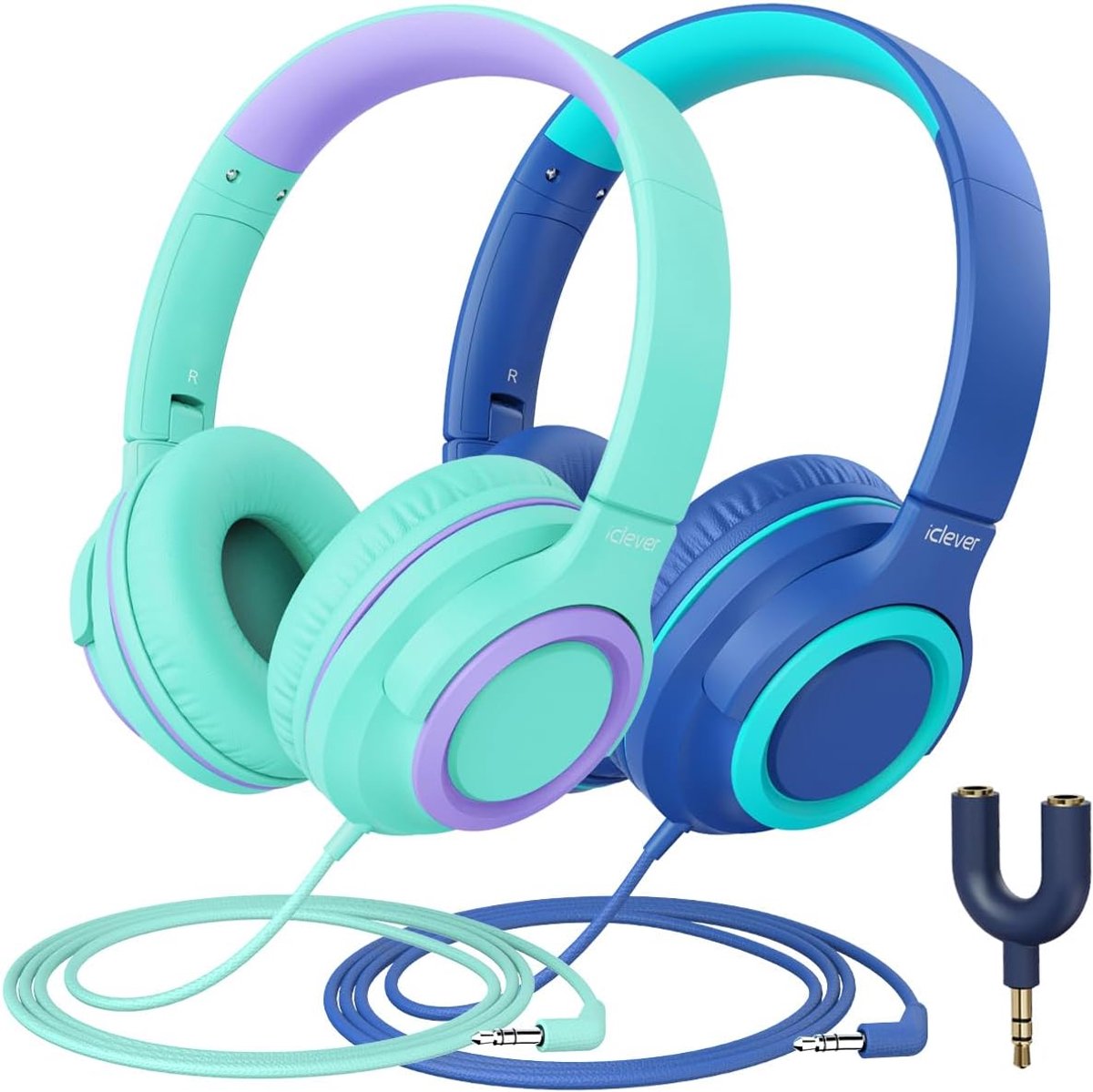 Thijox - 2 Pack Kids Hoofdtelefoon Bedraad voor Meisjes en Jongens - 85dBA Veilig Volume Gelimiteerd - Opvouwbare Stereo Hoofdtelefoon met Splitter vo