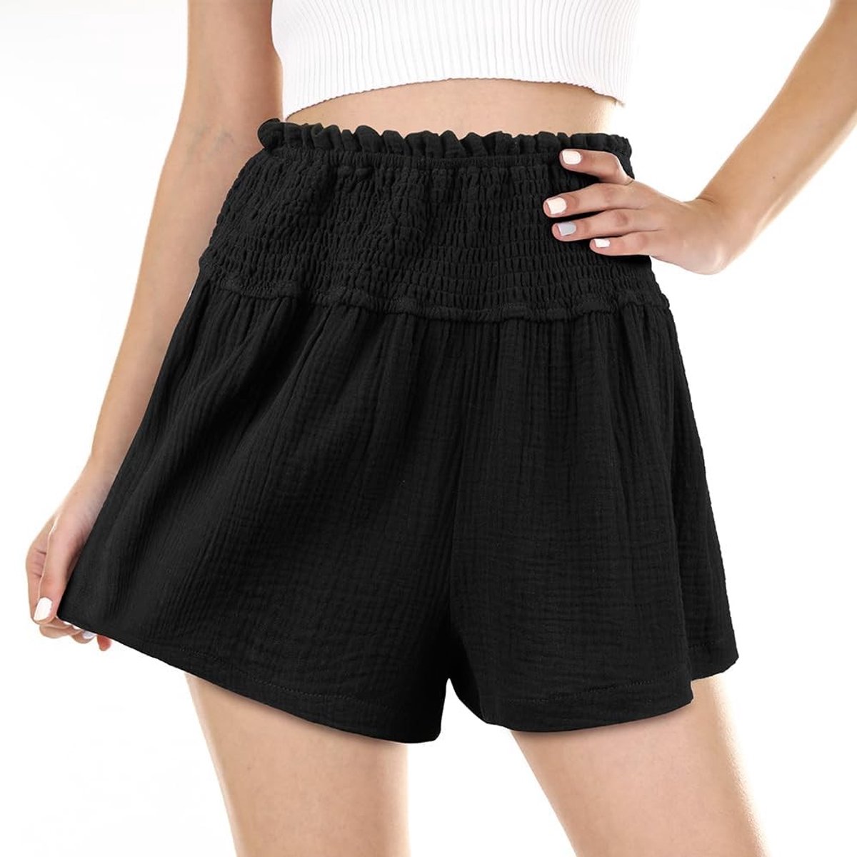 Hoge taille ruffled shorts voor dames, casual zwarte shorts met elastische taille, klassieke geplooide lounge shorts van katoenmix voor zomertraining en buitensportactiviteiten