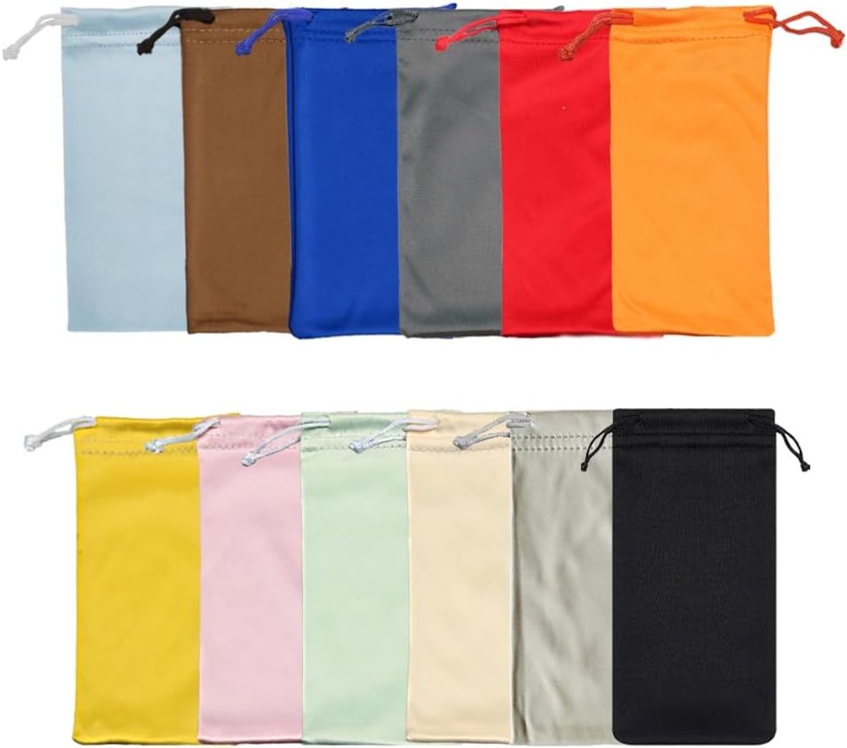 Draagbare Microfiber Brilhoezen in Kleine Trekkoordtas - 12 Kleuren voor Reizen, Organisatie en Bescherming van Leesbrillen en Elektronische Gadgets