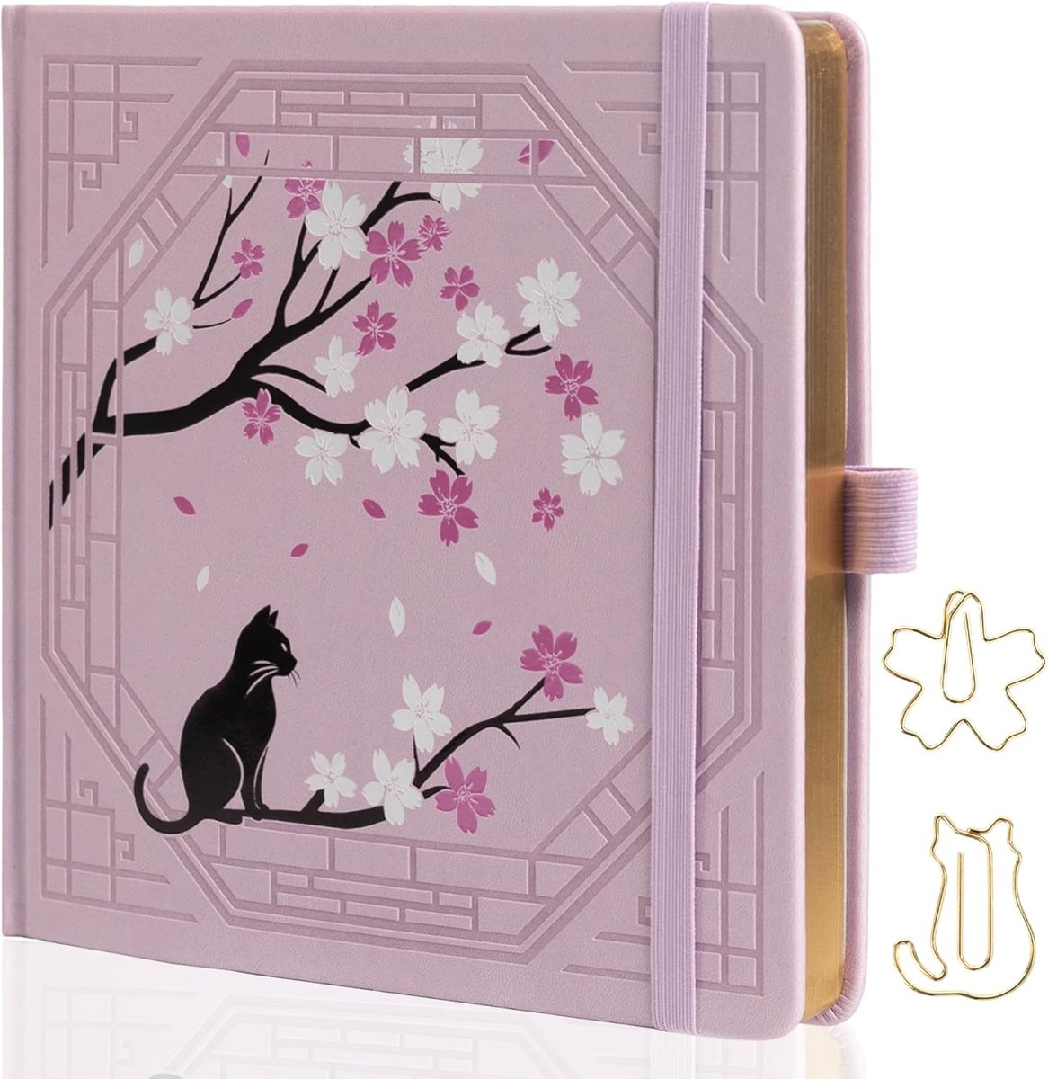 SnelShoppen - Schattig Katten Dagboek met Sakura Patroon, Dotted Notebook voor Vrouwen en Meisjes, Faux Leer, Aesthetic Notitieboek voor Schrijven, 16