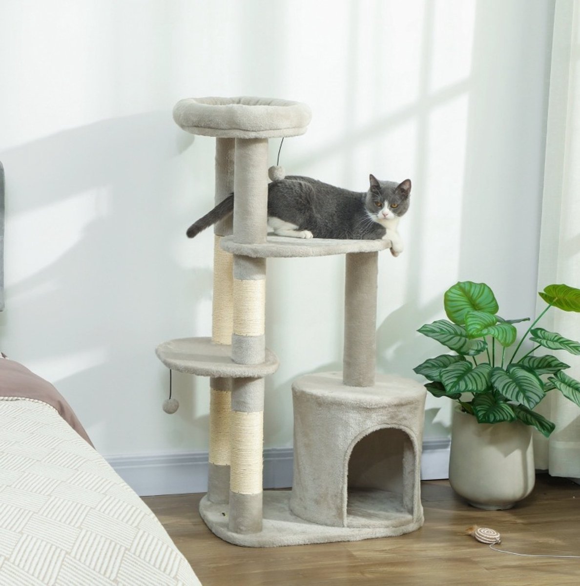HAUSS SPOLE Krabpaal – 114 Cm – Met Huisje En Speelbal – Polyester, Spaanplaat En Sisal – Lichtgrijs – Voor Klimmen, Krabben En Rusten