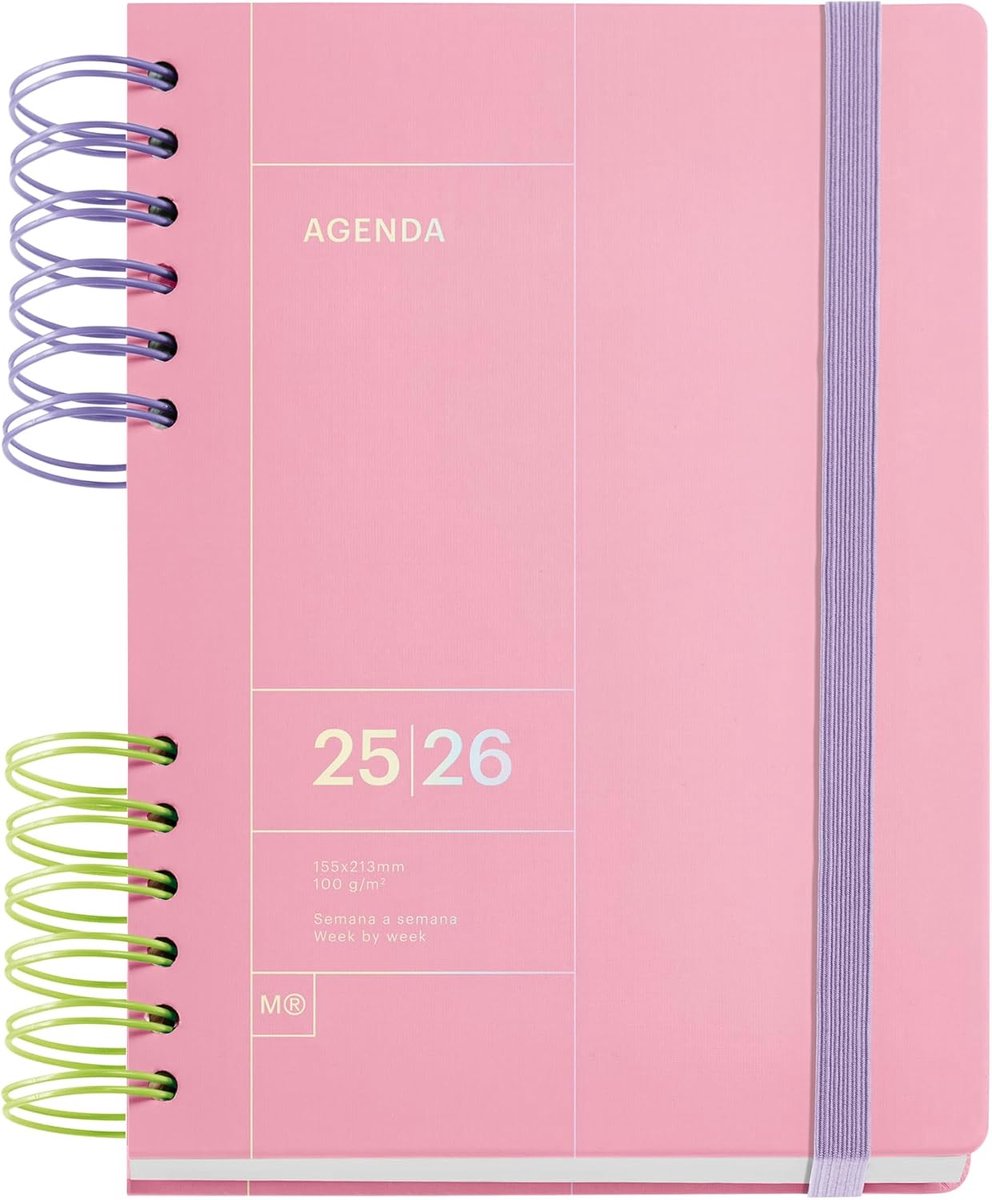 Thijox - Miquelrius Schoolagenda 2025/2026, Weekoverzicht, Tweekleurig, Spiraalbinding, Vaste Omslag, Rubberen Sluiting, Roze, 160,5 x 218 mm, Catalaa