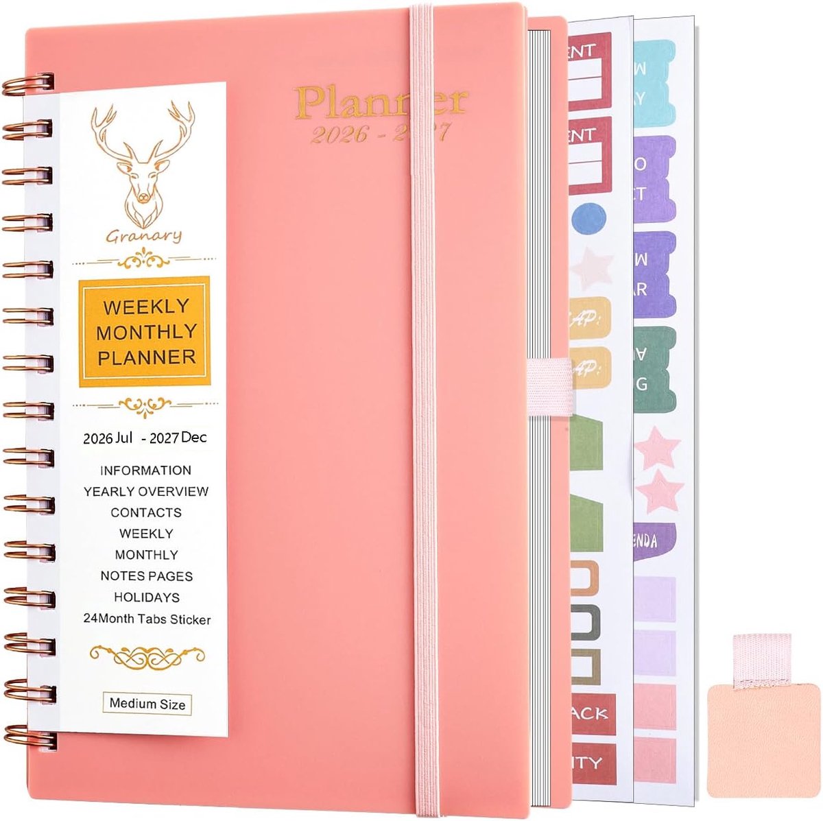 SnelShoppen - Gumiho Weekplanner 2026 2027 Spiraal A5 - 18 maanden schoolplanner met penlus, planstickers en roze design voor thuiskantoor en studie