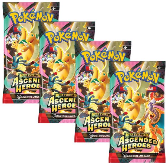 Vier pakjes Pokémon Trading Card Game 'Mega Evolution Ascended Heroes' met op de voorkant een gele draakachtige Pokémon.