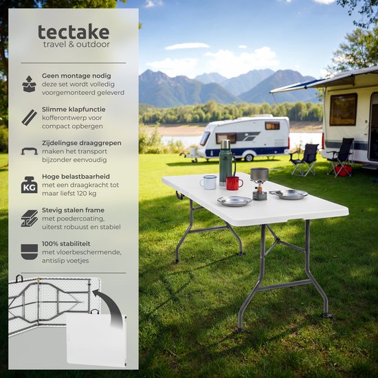 tectake® Inklapbare Campingtafel - 180 x 70 x 74 cm - Kampeertafel - Picknicktafel - Tuintafel - Weerbestendig - Buffettafel - Met Draaggreep - Wit van TecTake — afbeelding 2