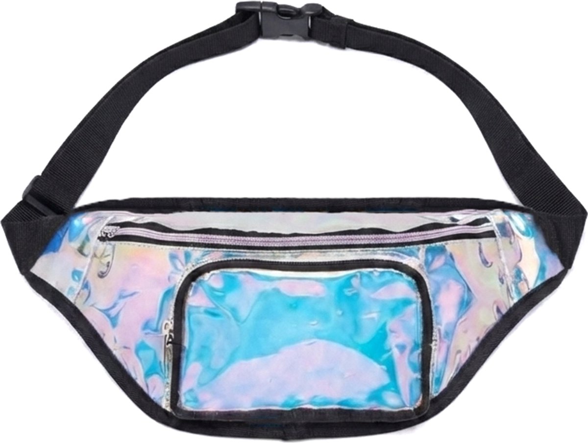 KIMU® Grote Heuptas Holografisch Transparant - Iridescent Gekleurd - Zwarte Band Fanny Pack Fannypack Holografische Regenboog Tasje Festival