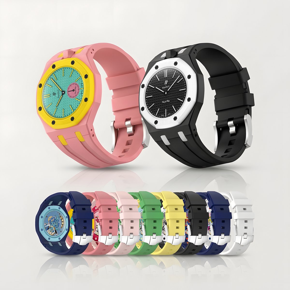Siliconen Horlogeband met Beschermcase, geschikt voor Swatch x AP Royal Pop – Kroon op 12 uur – Conversiekit – Lichtgroen / Donkergroen