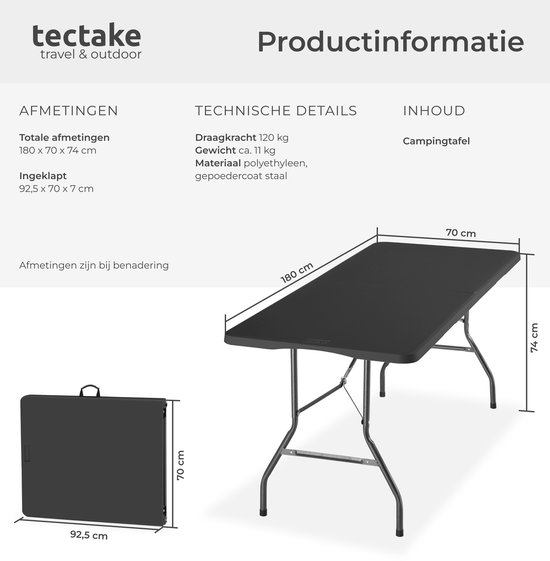 tectake® Inklapbare Campingtafel - 180 x 70 x 74 cm - Kampeertafel - Picknicktafel - Tuintafel - Weerbestendig - Met Draaggreep - Antraciet van TecTake — afbeelding 3