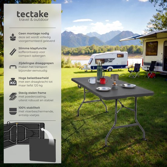 tectake® Inklapbare Campingtafel - 180 x 70 x 74 cm - Kampeertafel - Picknicktafel - Tuintafel - Weerbestendig - Met Draaggreep - Antraciet van TecTake — afbeelding 2