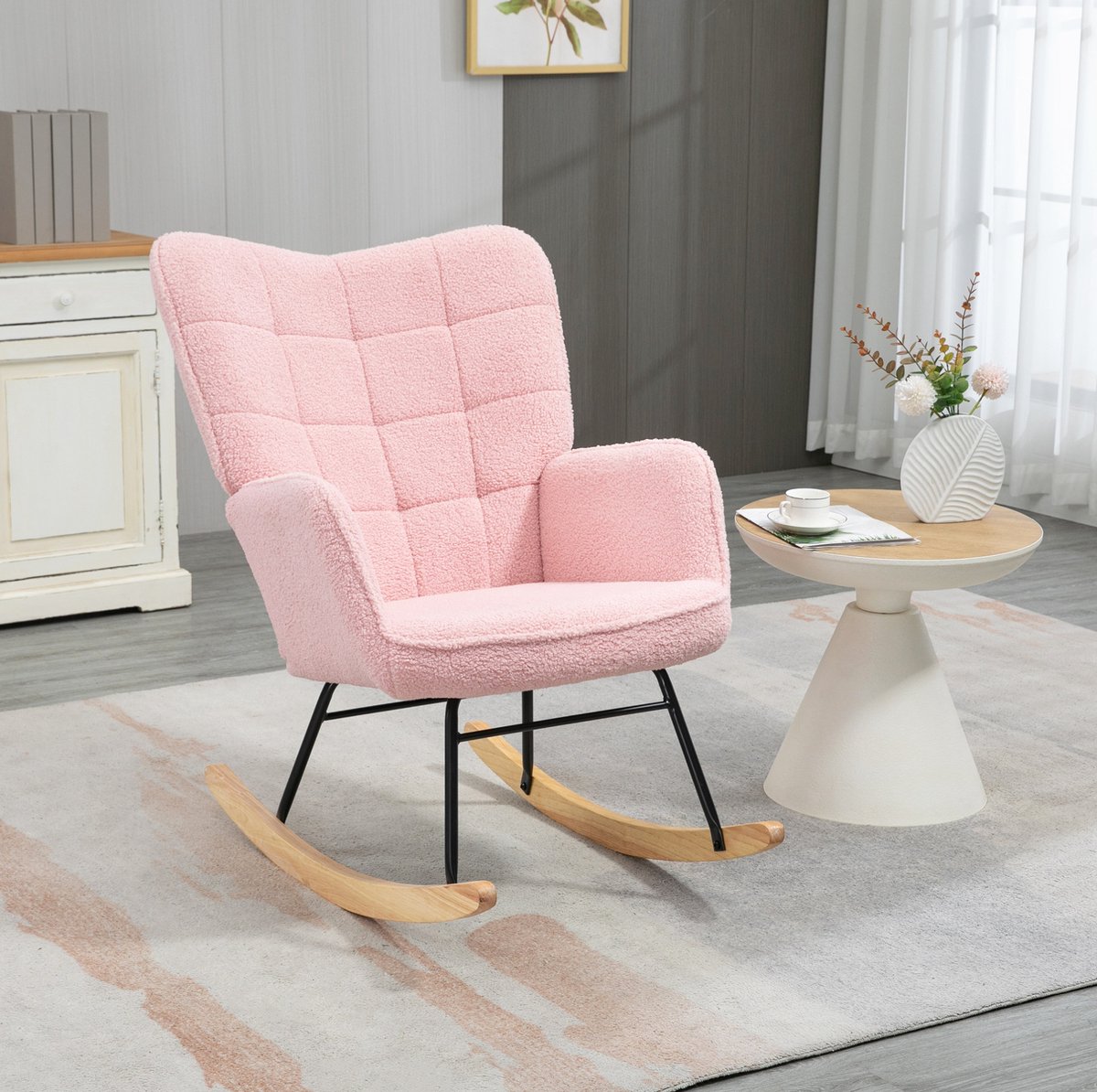 MEUNIQ Schommelstoel fauteuil 98 x 71 x 101 cm met hoge rugleuning, armleuningen, zachte stof en houten schommelbasis voor woonkamer of slaapkamer, roze