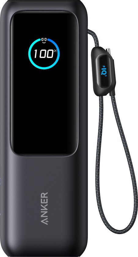 Anker PowerCore 25K Powerbank 25.000mAh - 165W - 3x 100W USB-C Poorten - Zwart - Ingebouwde Intrekbare Kabels - Real-Time Smart Display - Vliegtuigvriendelijk Ontwerp