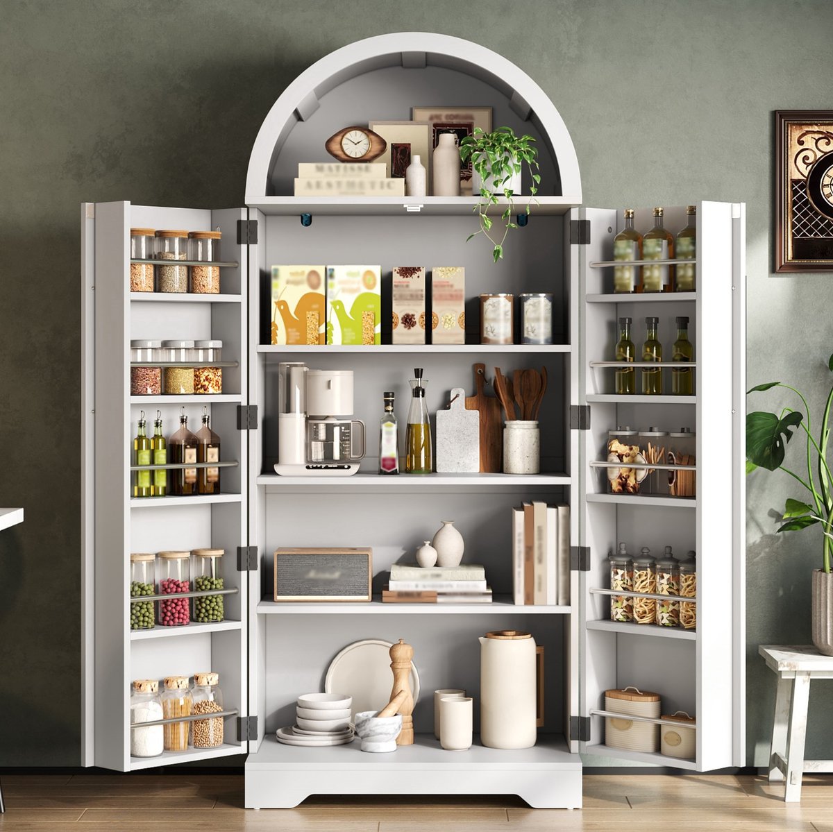 FloraGrace Buffetkast - Boogdesign Met Open Vakken En Dubbele Deuren - Voor Keuken En Woonkamer - MDF - 70x40x165 Cm - Wit