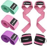 Collage van sportaccessoires: roze en paarse stoffen weerstandsbanden, roze lifting straps en roze enkelbanden met D-ringen.