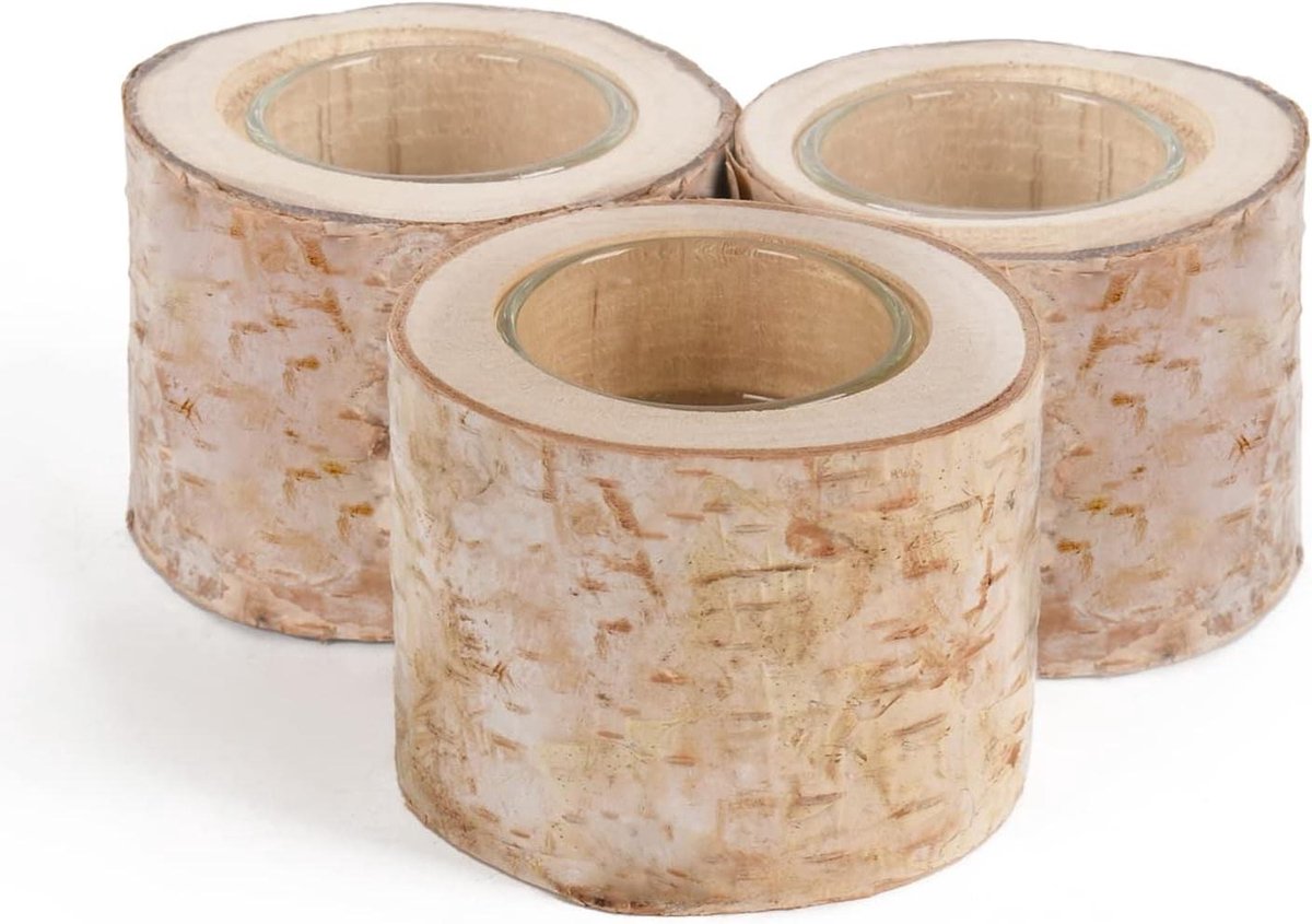 Houten Theelichthouders - Rustieke Kandelaars - Sfeervolle Decoratie - Natuurlijke Boomtak - Set van 3 - Houtkleur